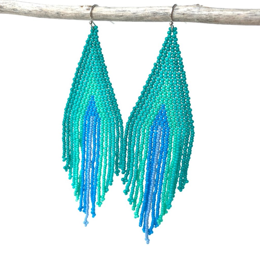 NEW~ Free People Turquoise Ombré Beaded Tassel Earrings - Picture 3 of 6